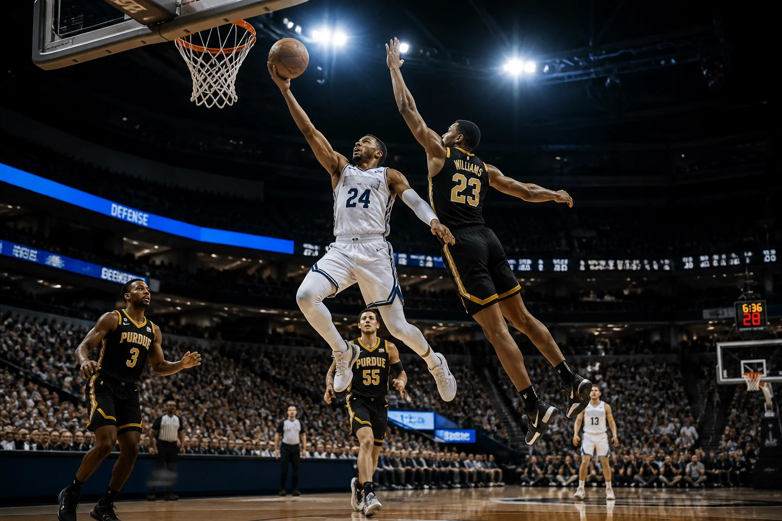 Action de basketball de haut niveau sur le parquet